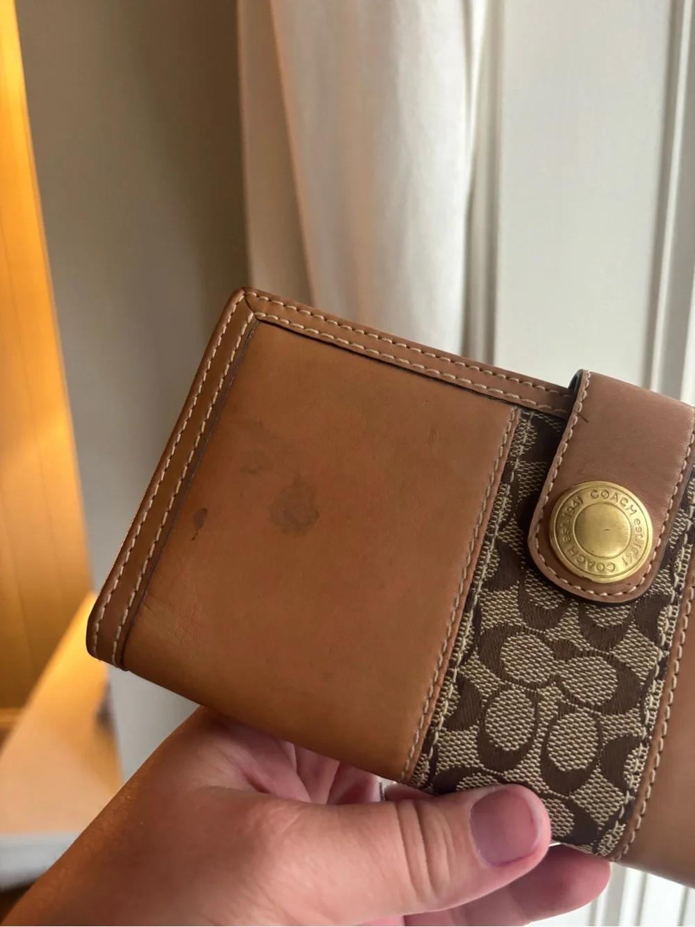 Coach Signature C Stripe Bifold Wallet Tan Leather & Brown Canvas Check Wallet